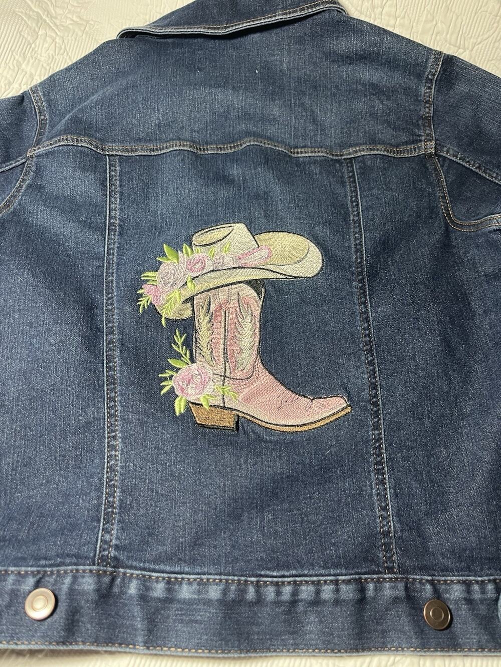 Custom Embroidered Denim Jacket Time & Tru Med Western Pink Cowgirl Cowboy Boot